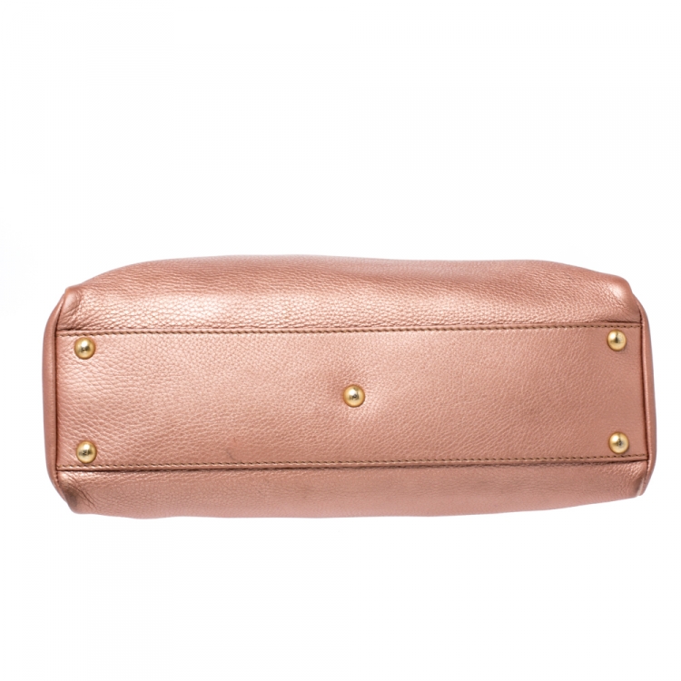 Pre Owned Fendi Metallic Pink Seleria Leather Medium Made To Order Peekaboo Top Handle Bag