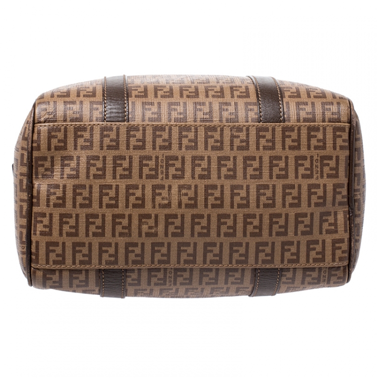 Pre Owned Fendi Brown Zucchino Coated Canvas Small Forever Bauletto Boston Bag