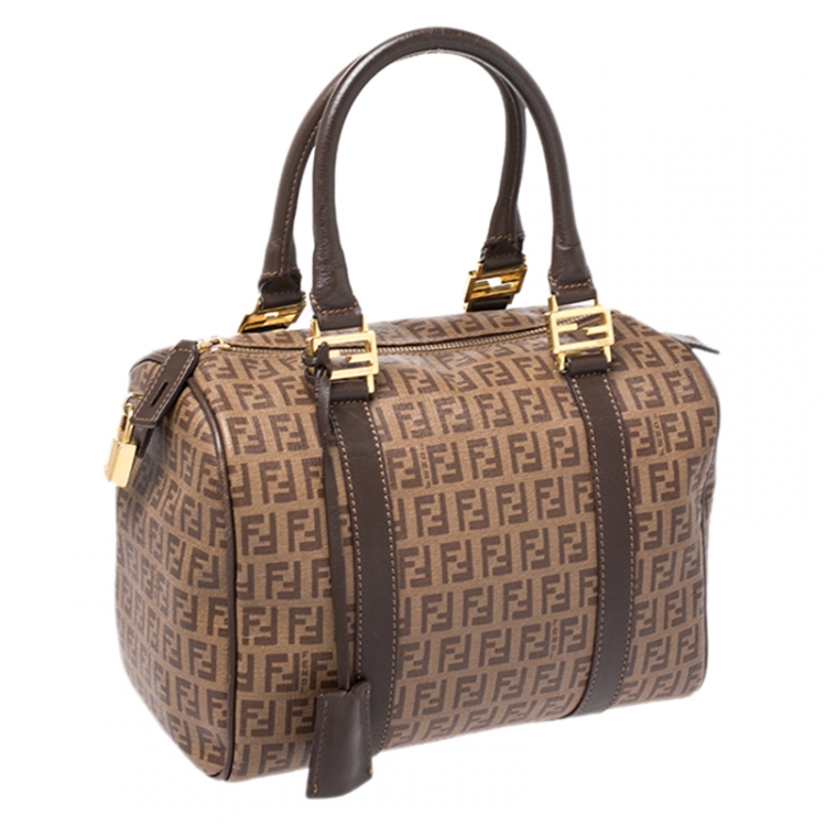Pre Owned Fendi Brown Zucchino Coated Canvas Small Forever Bauletto Boston Bag