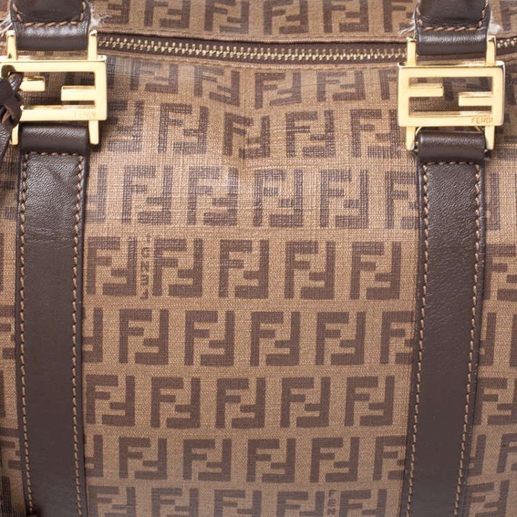Pre Owned Fendi Brown Zucchino Coated Canvas Small Forever Bauletto Boston Bag