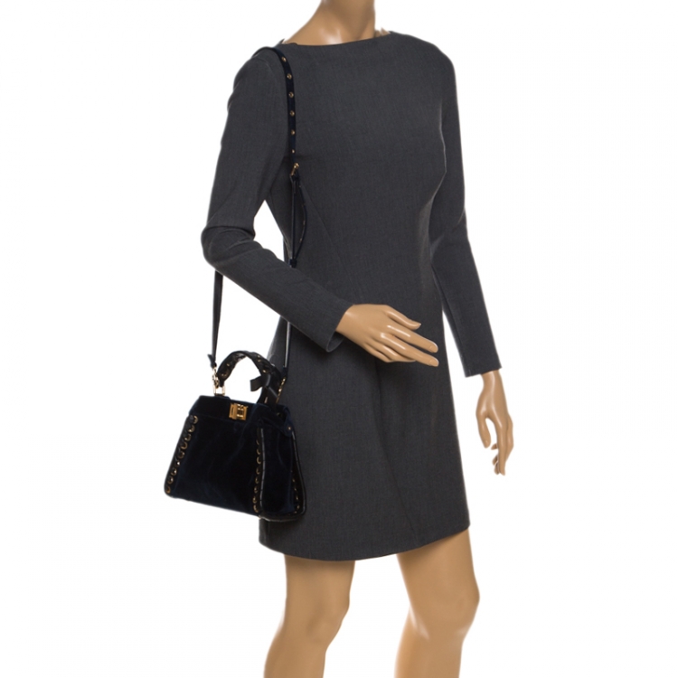 Pre Owned Fendi Dark Blue Velvet Mini Whip Stitched Peekaboo Top Handle Bag