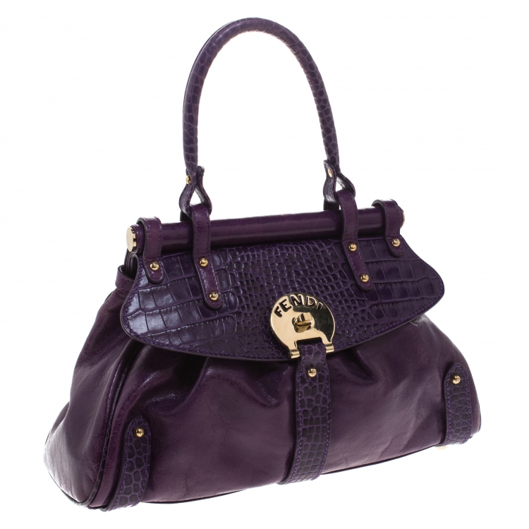 Pre Owned Fendi Purple Embossed Leather Magic Top Handle Bag