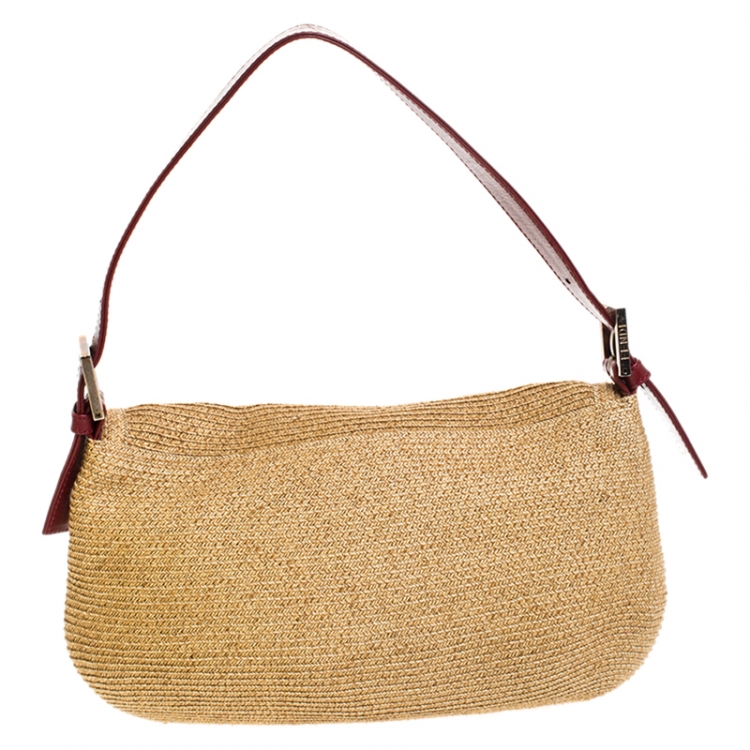 Pre Owned Fendi Red Raffia Small Baguette 