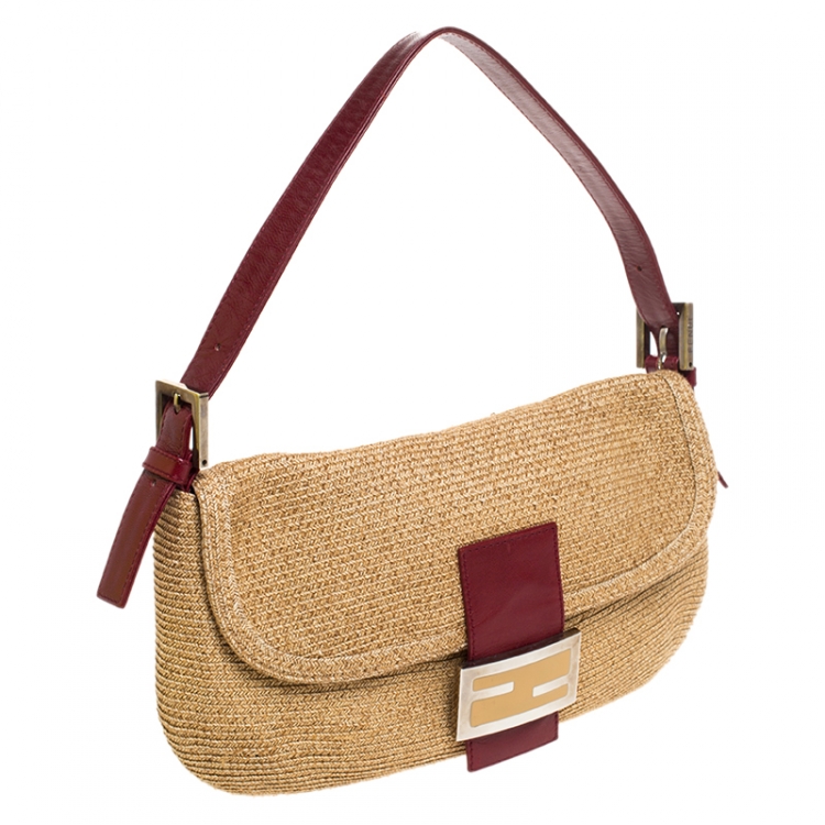 Pre Owned Fendi Red Raffia Small Baguette 