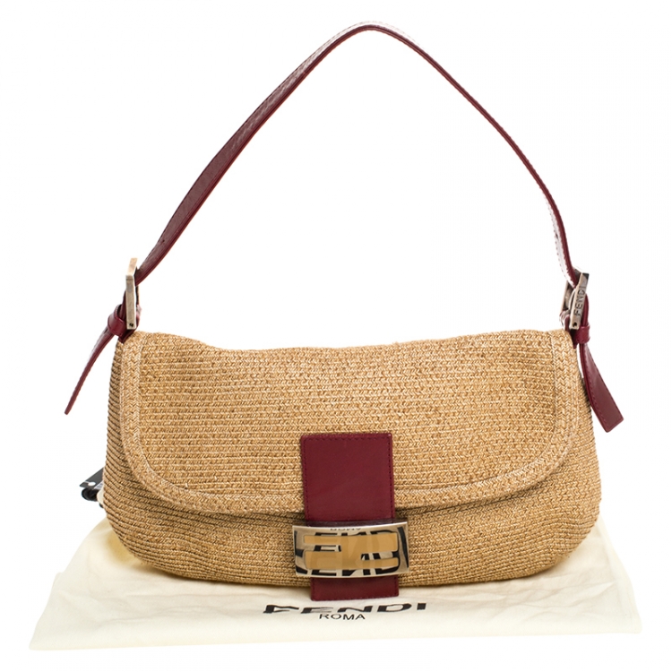 Pre Owned Fendi Red Raffia Small Baguette 