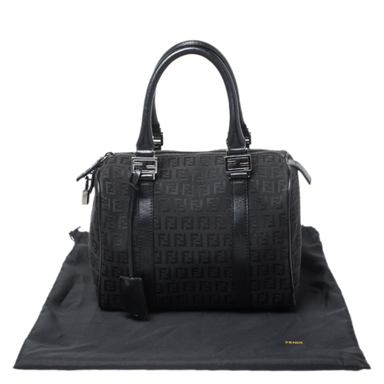 Pre Owned Fendi Black Zucchino Canvas and Patent Leather Bauletto Bowler Bag