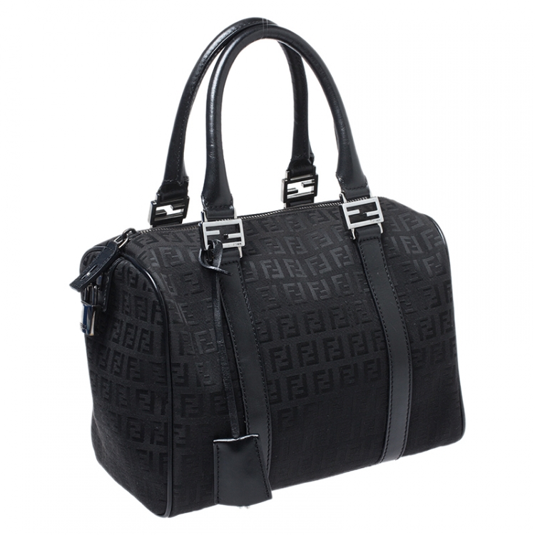 Pre Owned Fendi Black Zucchino Canvas and Patent Leather Bauletto Bowler Bag