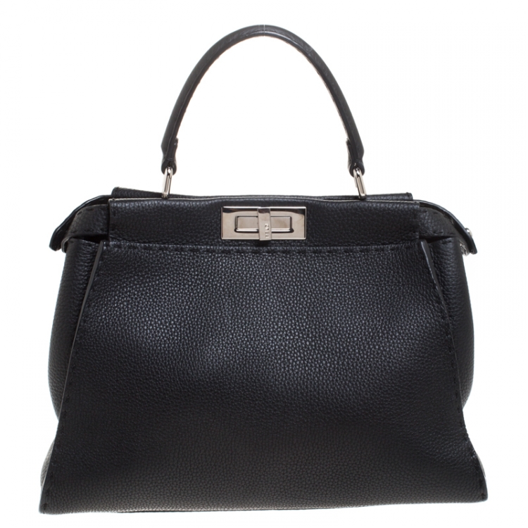 مملوكة مسبقًا Fendi Black Lasercut Selleria Leather Small Peekaboo Top Handle Bag