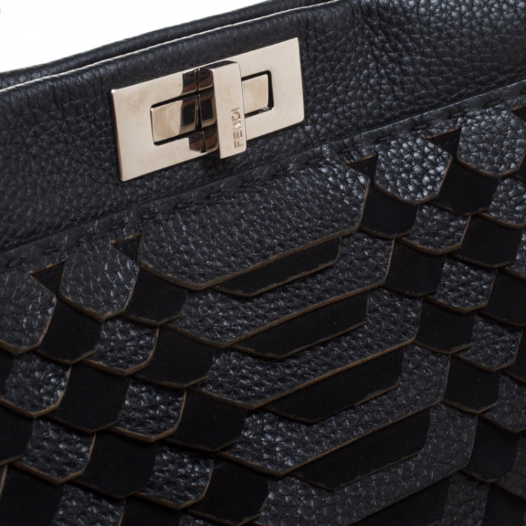 مملوكة مسبقًا Fendi Black Lasercut Selleria Leather Small Peekaboo Top Handle Bag