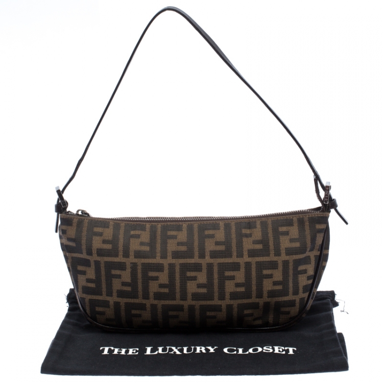 Pre Owned Fendi Tobacco Zucca Canvas and Leather Pochette Bag