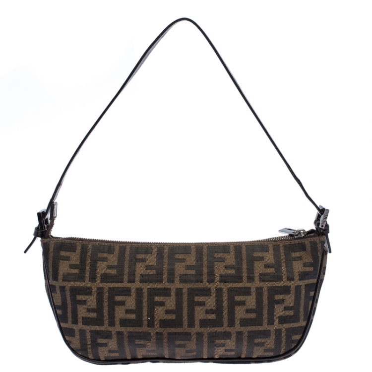 Pre Owned Fendi Tobacco Zucca Canvas and Leather Pochette Bag