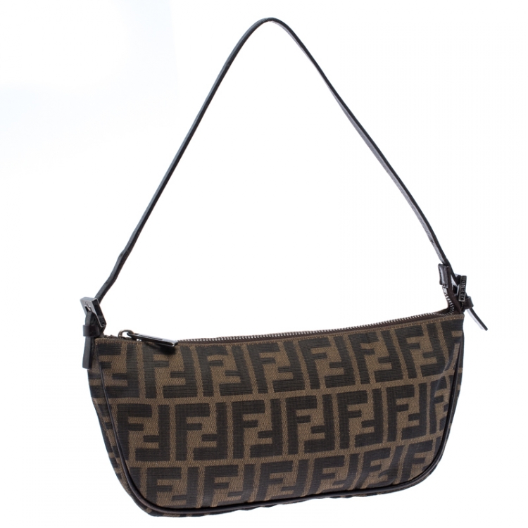 Pre Owned Fendi Tobacco Zucca Canvas and Leather Pochette Bag