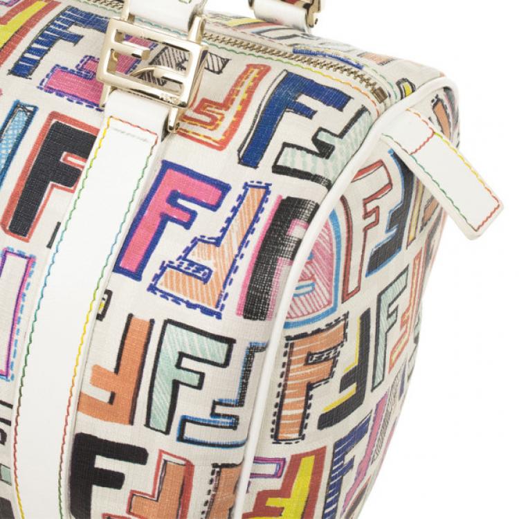Pre Owned Fendi White Multi Color Zucca Forever Boston Bag