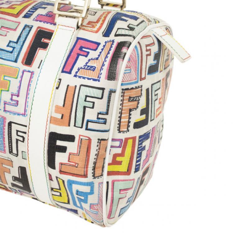 Pre Owned Fendi White Multi Color Zucca Forever Boston Bag