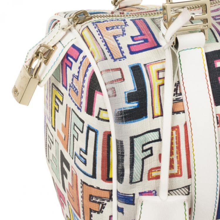 Pre Owned Fendi White Multi Color Zucca Forever Boston Bag