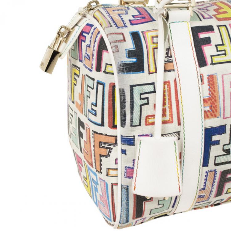 Pre Owned Fendi White Multi Color Zucca Forever Boston Bag
