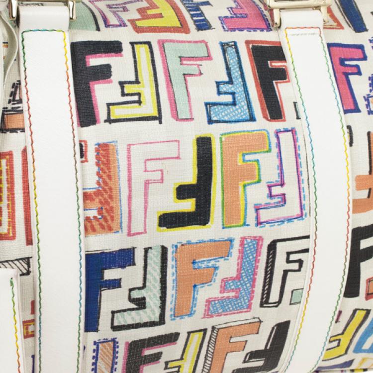 Pre Owned Fendi White Multi Color Zucca Forever Boston Bag