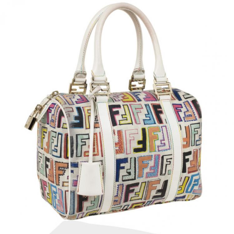 Pre Owned Fendi White Multi Color Zucca Forever Boston Bag