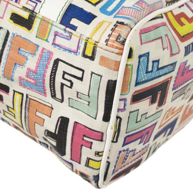 Pre Owned Fendi White Multi Color Zucca Forever Boston Bag