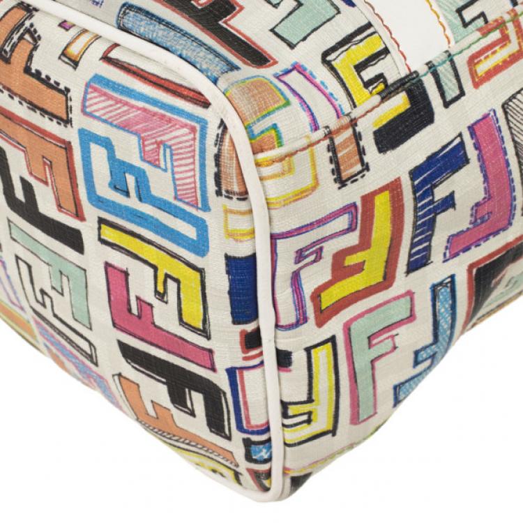 Pre Owned Fendi White Multi Color Zucca Forever Boston Bag