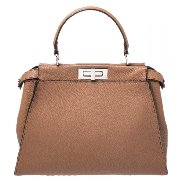 Pre Owned Fendi Tan Selleria Leather Medium Peekaboo Top Handle Bag