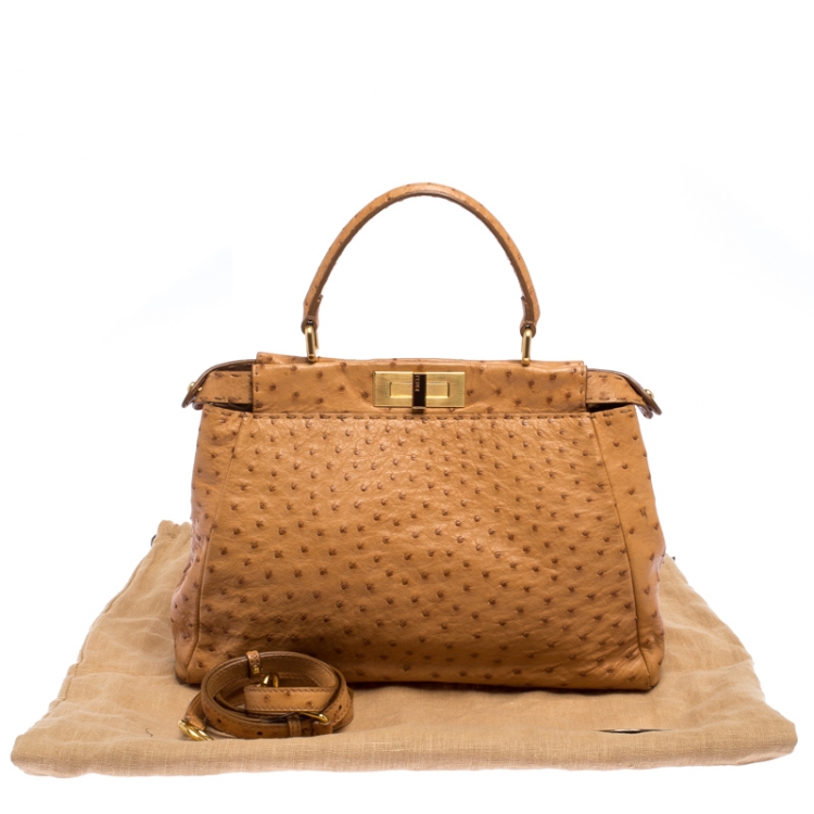 Pre Owned Fendi Tan Ostrich Medium Peekaboo Top Handle Bag