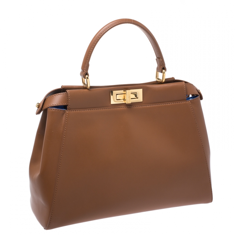 Pre Owned Fendi Brown Leather Medium Peekaboo Top Handle Bag