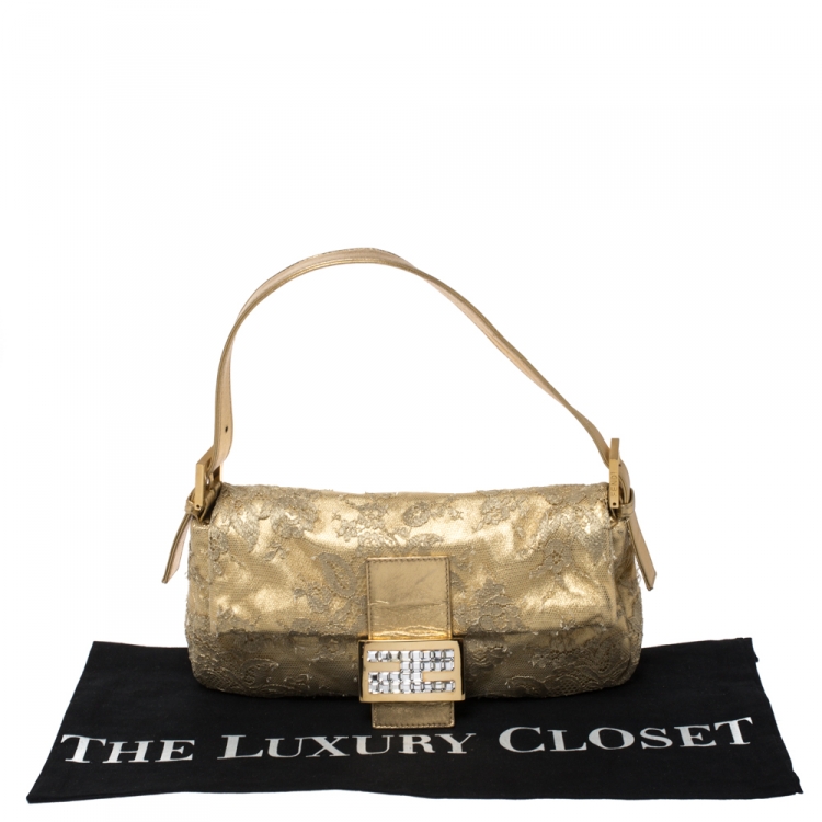 Pre Owned Fendi Metallic Gold Leather and Lace Crystal Embellished Baguette Shoulder Bag