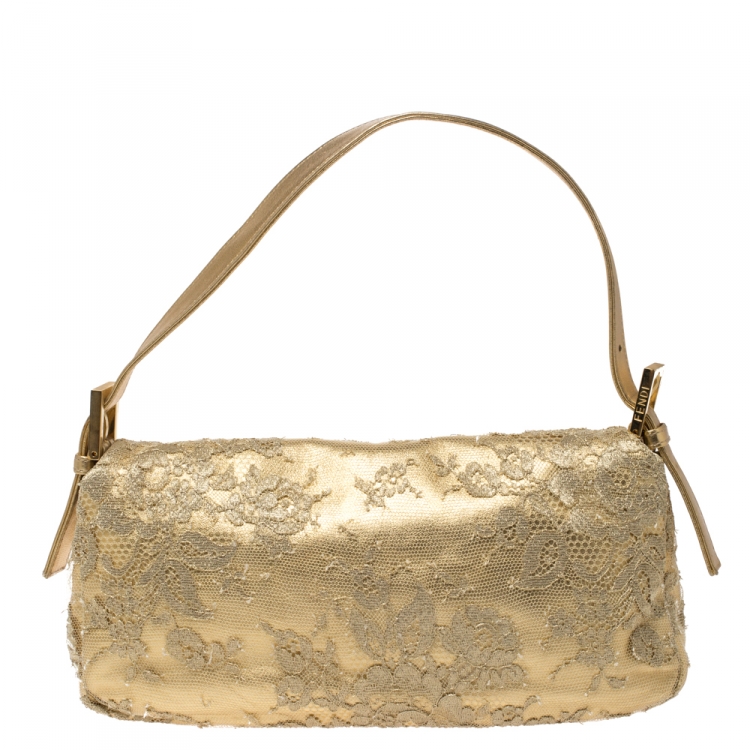Pre Owned Fendi Metallic Gold Leather and Lace Crystal Embellished Baguette Shoulder Bag