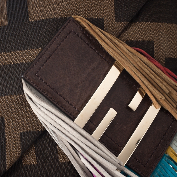 Pre Owned Fendi Tobacco Zucca Canvas Multicolor Fringe Baguette