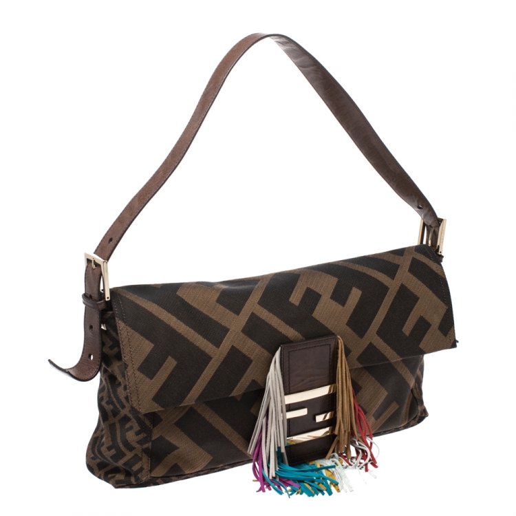 Pre Owned Fendi Tobacco Zucca Canvas Multicolor Fringe Baguette