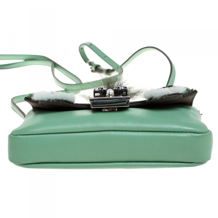 Pre Owned Fendi Green Leather and Fur Trim Micro Buggie Baguette Shoulder Bag