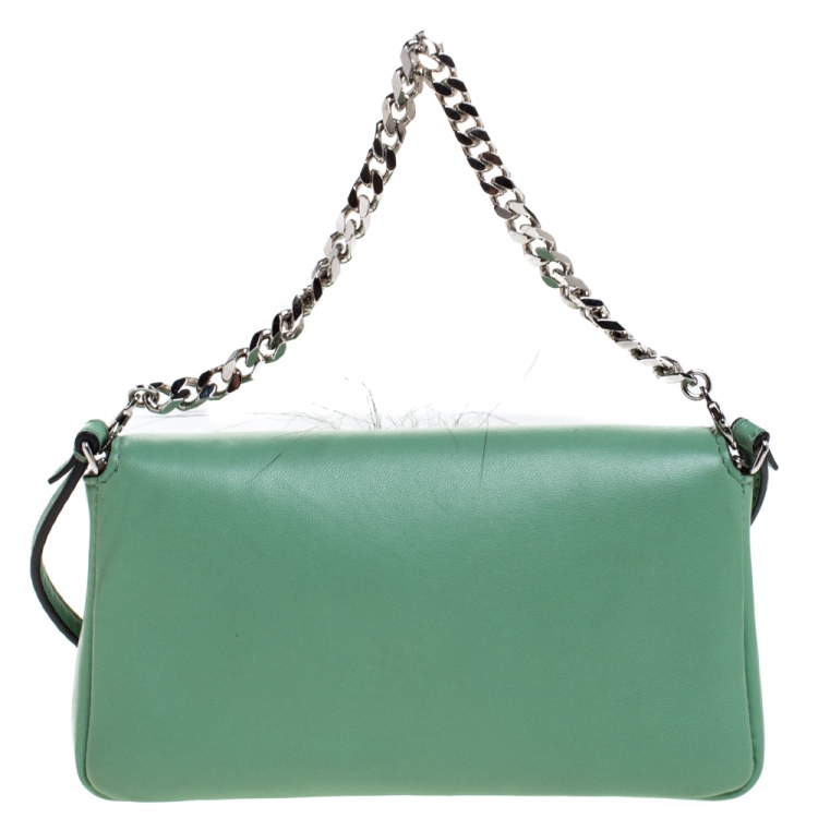 Pre Owned Fendi Green Leather and Fur Trim Micro Buggie Baguette Shoulder Bag