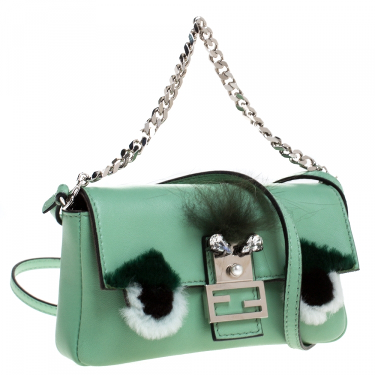 Pre Owned Fendi Green Leather and Fur Trim Micro Buggie Baguette Shoulder Bag