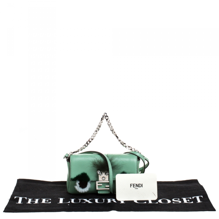 Pre Owned Fendi Green Leather and Fur Trim Micro Buggie Baguette Shoulder Bag