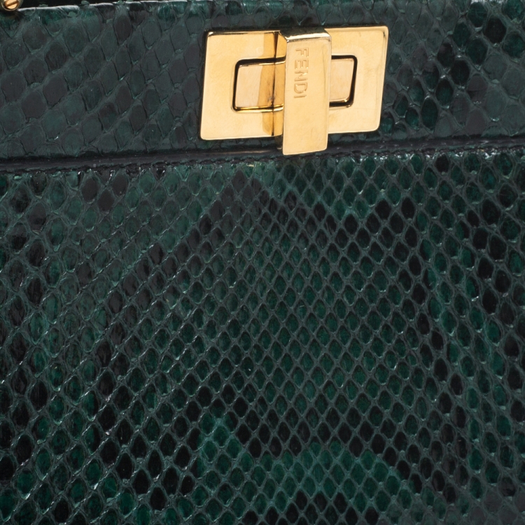 Pre Owned Fendi Green Python Mini Peekaboo Top Handle Bag