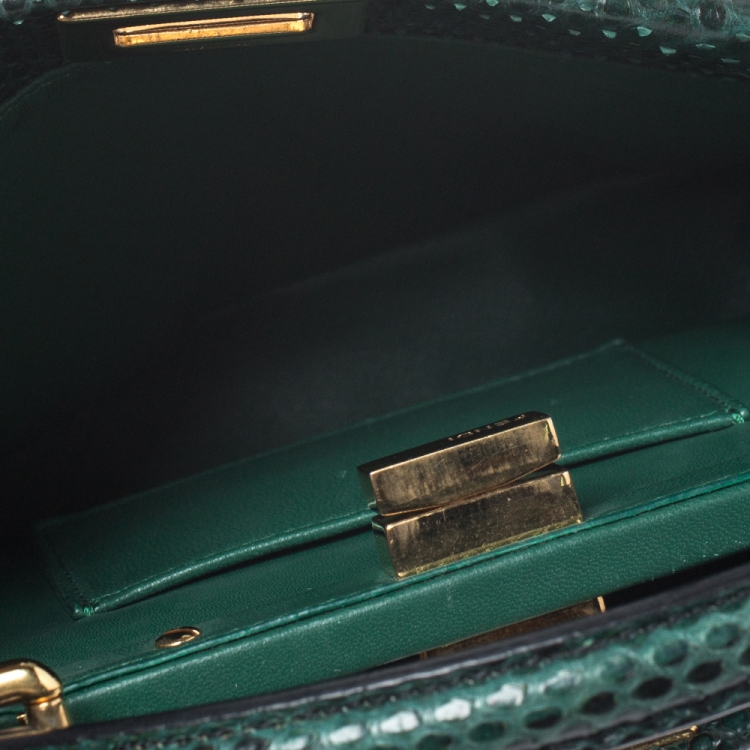 Pre Owned Fendi Green Python Mini Peekaboo Top Handle Bag