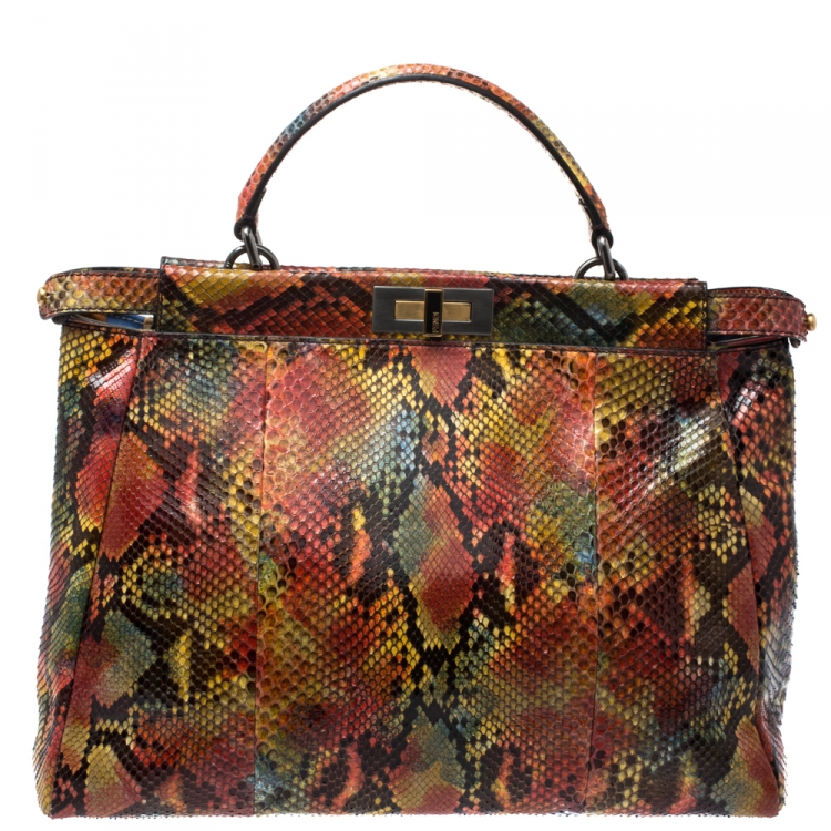 Pre Owned Fendi Multicolor Python Large Peekaboo Top Handle Bag