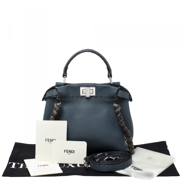 Pre Owned Fendi Blue Selleria Leather and Python Mini Peekaboo Top Handle Bag