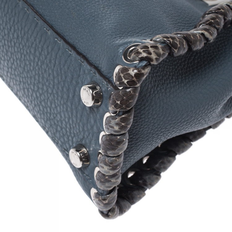 Pre Owned Fendi Blue Selleria Leather and Python Mini Peekaboo Top Handle Bag