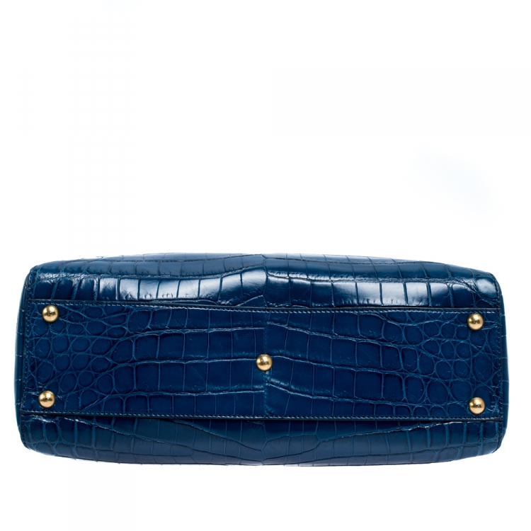 Pre Owned Fendi Blue Crocodile Medium Peekaboo Top Handle Bag