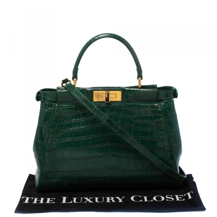 Pre Owned Fendi Green Crocodile Medium Peekaboo Top Handle Bag