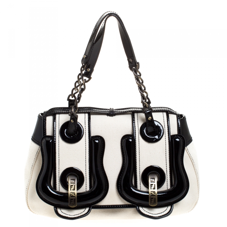 Fendi Cream Black Canvas and Patent Leather B Shoulder Bag Fendi TLC