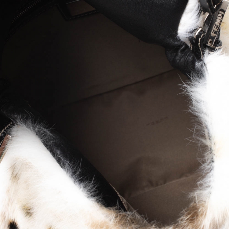 Pre Owned Fendi White/Brown Rabbit Fur and Leather Baguette Bag