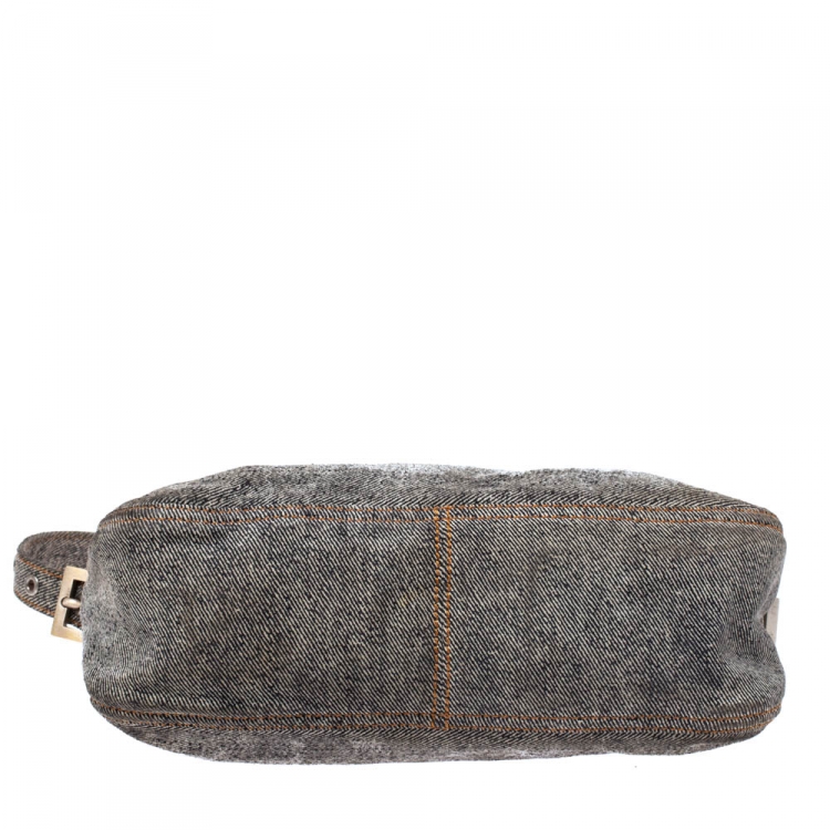 Pre Owned Fendi Grey Denim Baguette Shoulder Bag