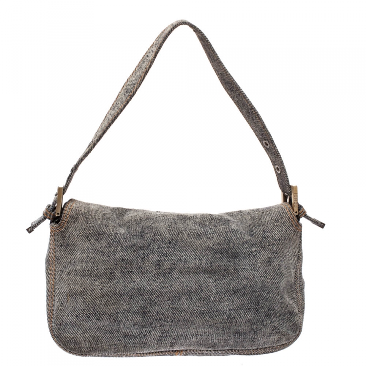 Pre Owned Fendi Grey Denim Baguette Shoulder Bag