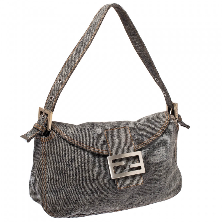 Pre Owned Fendi Grey Denim Baguette Shoulder Bag