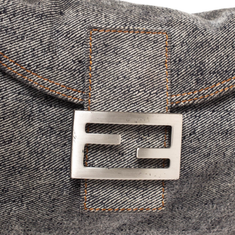 Pre Owned Fendi Grey Denim Baguette Shoulder Bag