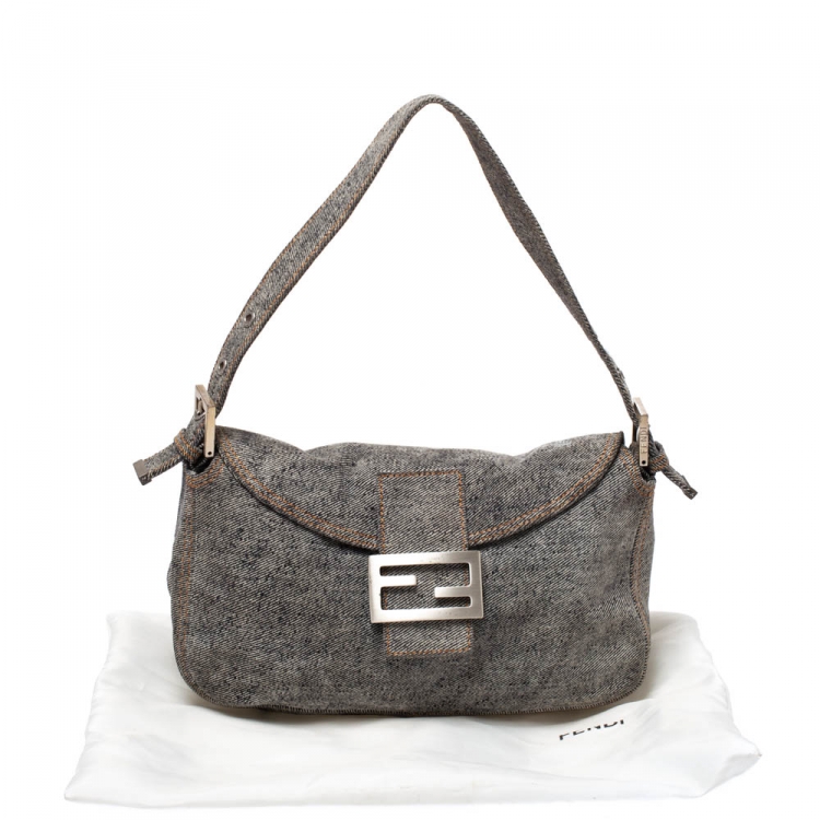 Pre Owned Fendi Grey Denim Baguette Shoulder Bag
