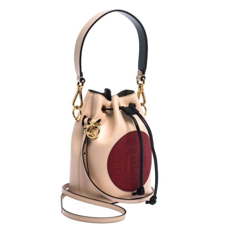 Pre Owned Fendi Peach/Red Leather Mini Mon Tresor Drawstring Bucket Bag